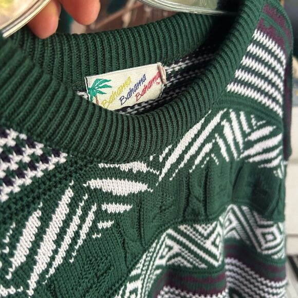 Vintage Men's Geometric Pattern Crewneck Sweater - Green and White - L - Picture 9 of 16